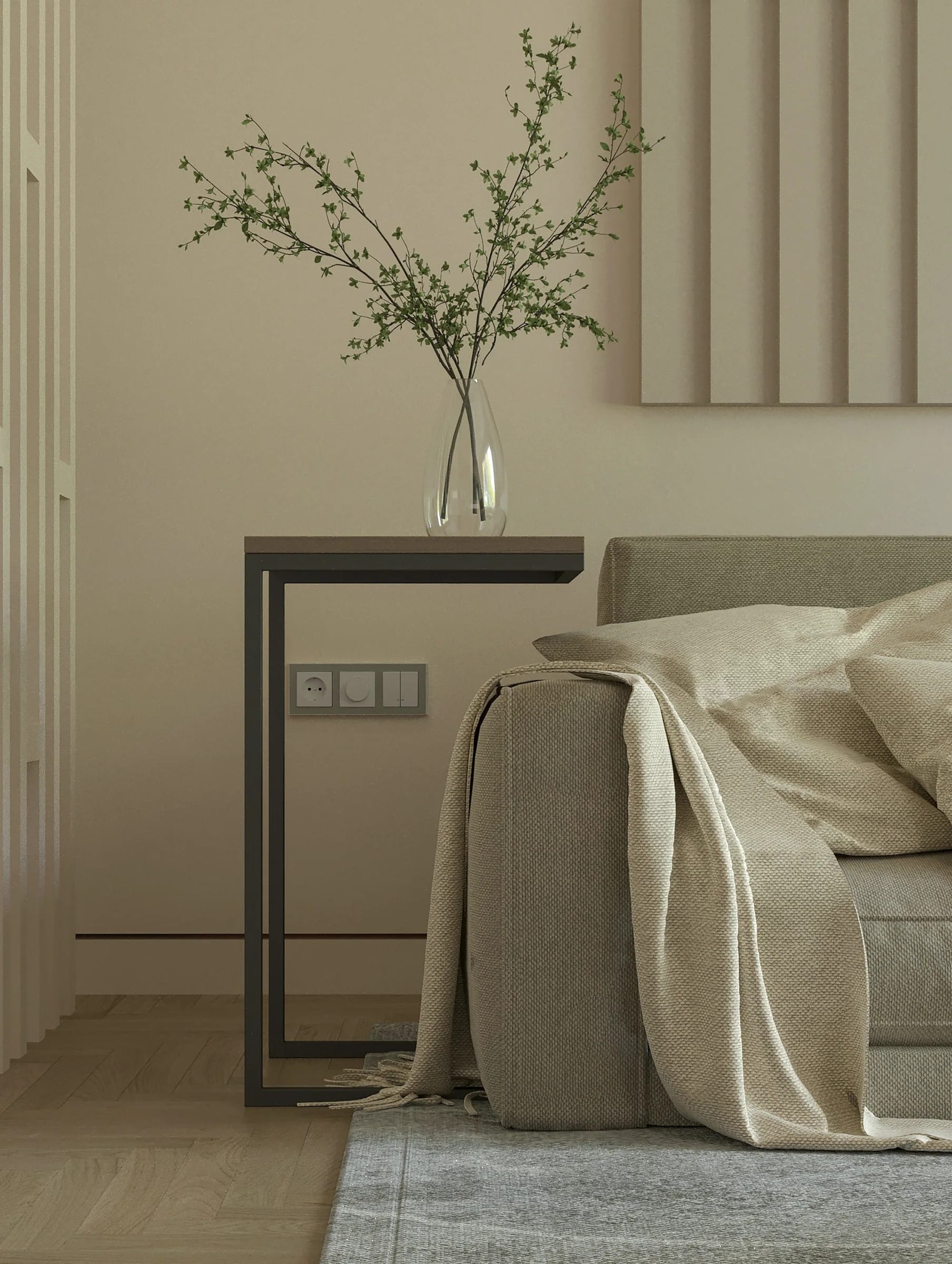 A linen-dressed bed beside a curtained window in morning light