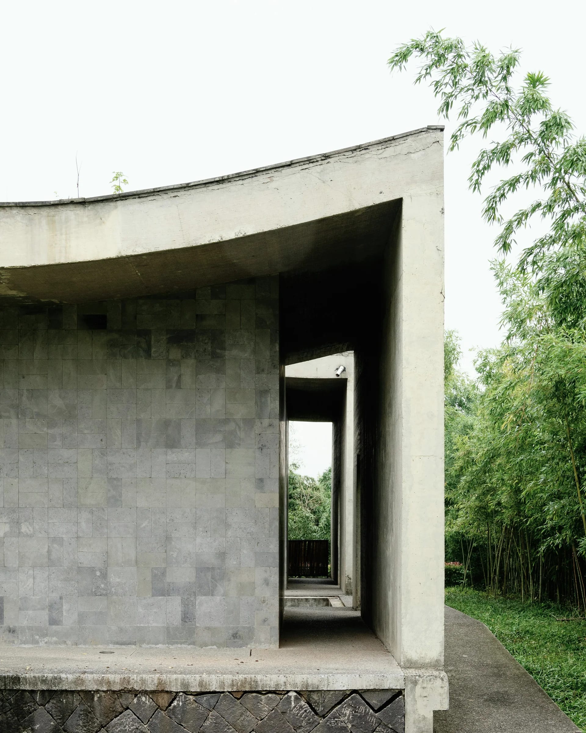 A curved concrete volume with a tall slot opening beside bamboo